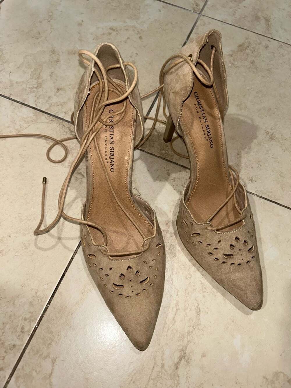 Christian Siriano for Payless Tan Suede Pointed Toe Lace-Up Stiletto Heels Size